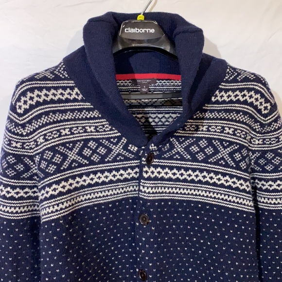 Refectory Navy Rib Shawl Collar Cardigan, Wool, Size Small - Picture 2 of 9